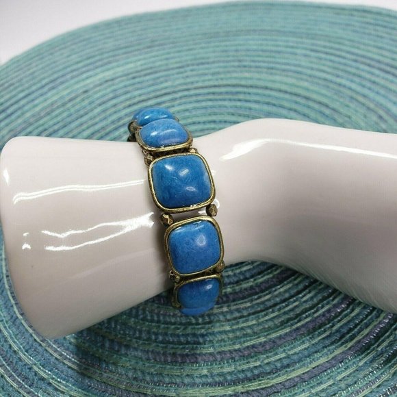 Fossil Stretch Square Blue Beaded Link Bracelet Dark Gold Hardware 7" - Picture 3 of 8